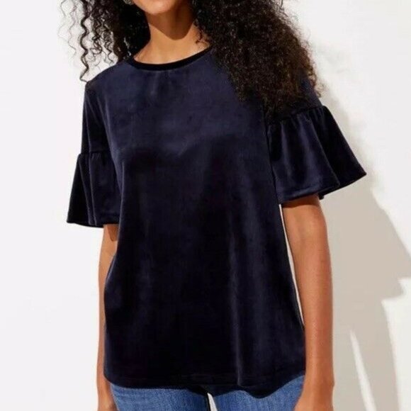 New Loft Womans Top Velvet Bell Sleeve Blue - Picture 1 of 8